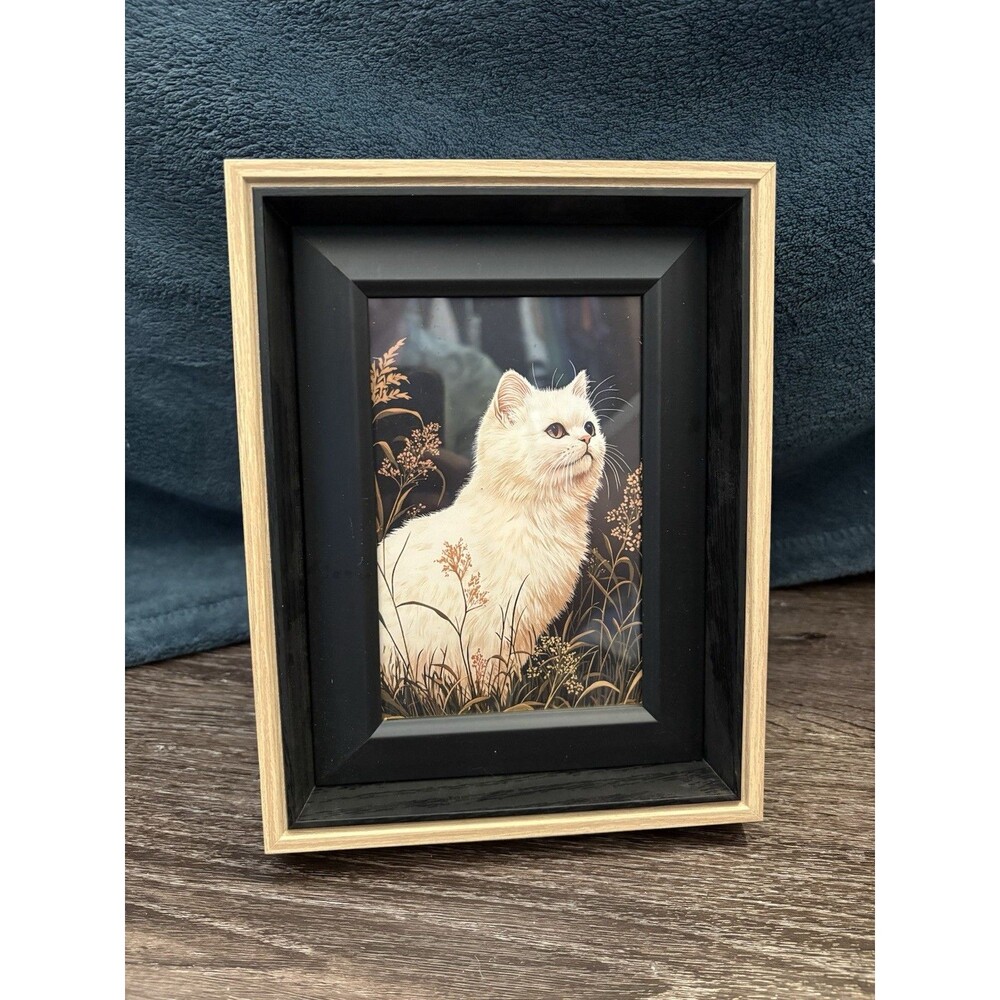 White Cat Sitting In Grass Flowers Artwork Picture Black Tan 6.5X8.5 Frame